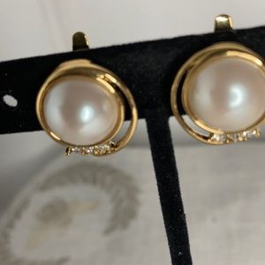 Faux Pearl and Rhinestone Clip Earrings